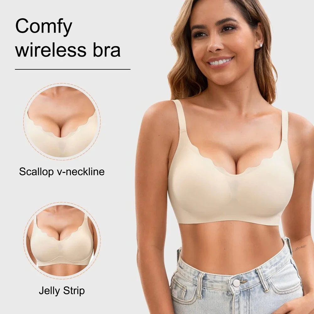 Jasmolly Women's Seamless T-Shirt Bras 3 Pack Wireless Comfy Jelly Bra Full L